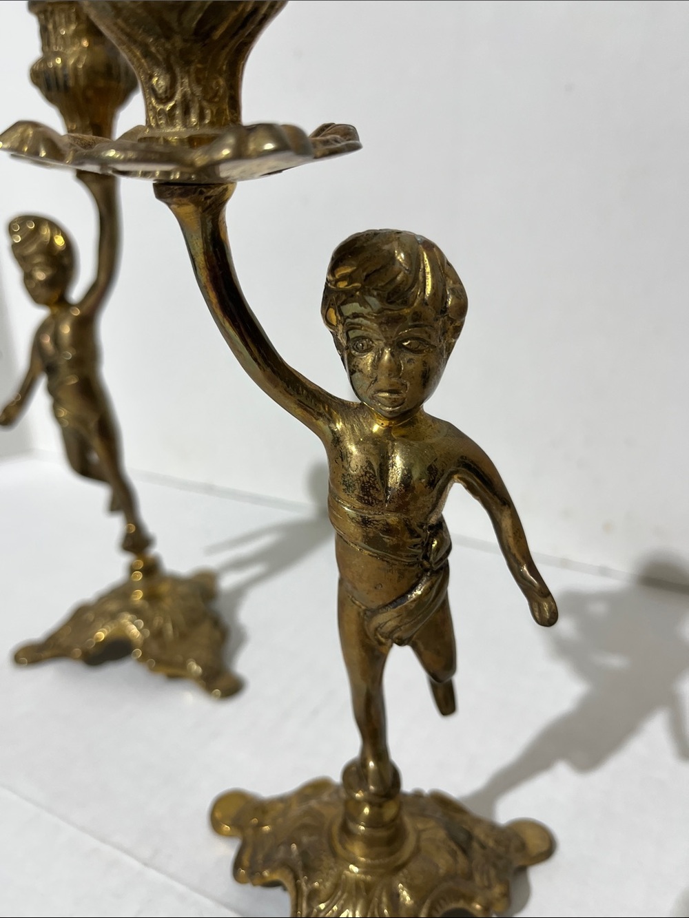 VTG 60’s Pair Solid Brass Cherub/Putti Child Tapir Candlestick Holders 4”x9”